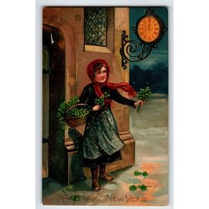 New Year Postcard Girl Four Leaf Clovers Clock Midnight EAS Germany Unposted